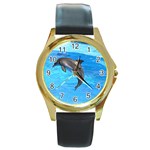 Jumping Dolphin Round Gold Metal Watch